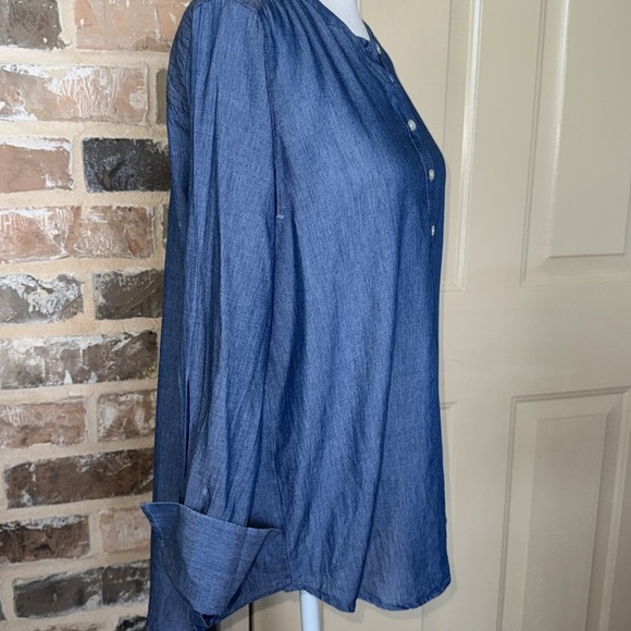 LOFT Blue Chambray Pleated Button Front Henley Popover Tunic Tie Cuffs Sz S - Picture 3 of 15